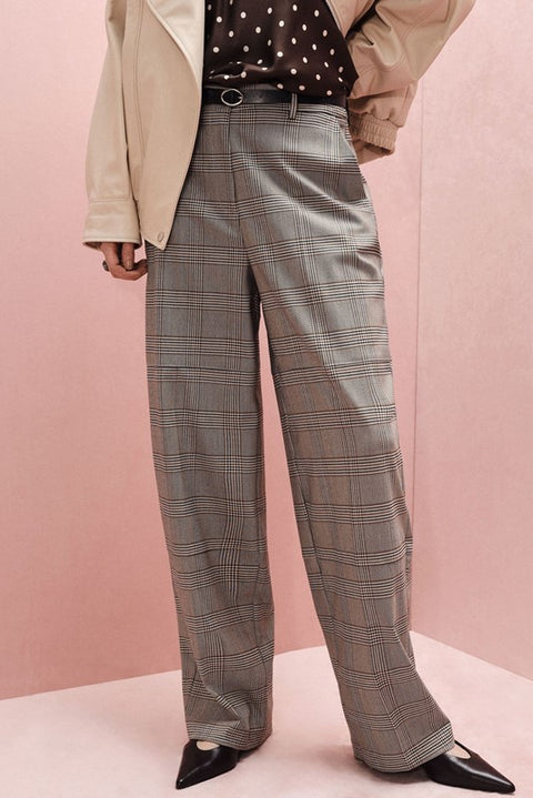Pantaloni palazzo a vita alta con cintura e motivo a quadri