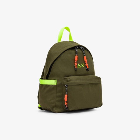 Zaino in tela di cotone verde militare scuro/giallo fluo