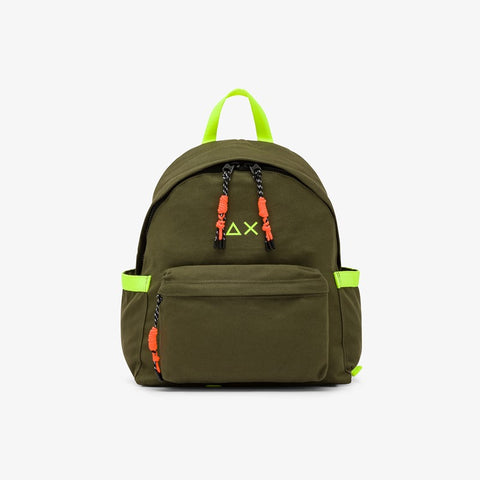 Zaino in tela di cotone verde militare scuro/giallo fluo
