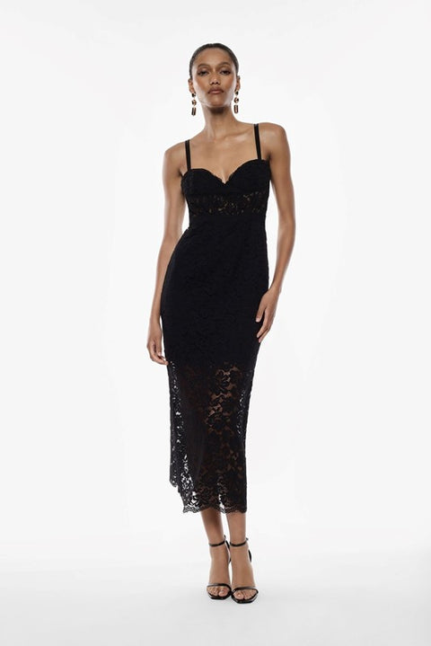 Abito midi in pizzo con spalline e scollo cuore
