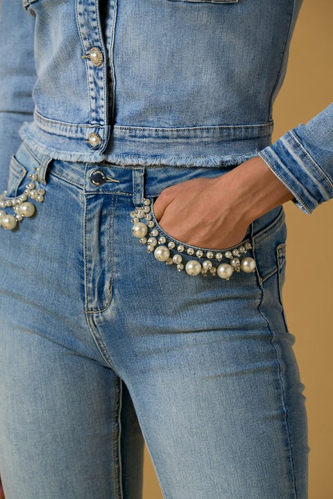 Jeans ricamo perle su tasche