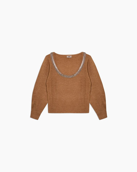 Maglione con scollo rotondo e ricami strass